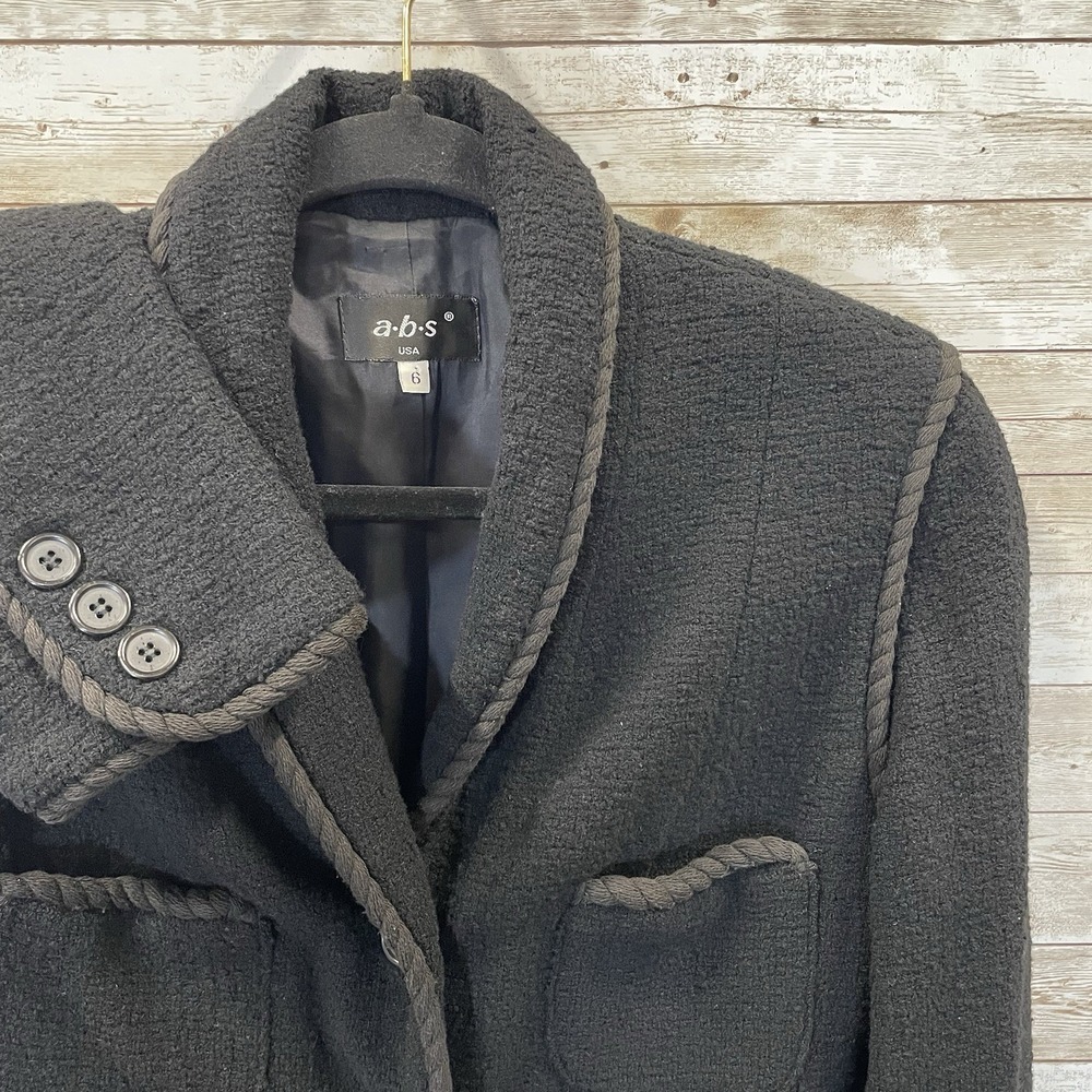 Vintage '80s ABS Allen Schwartz Womens 6 Coat Black Wool Corded Piping Lined USA